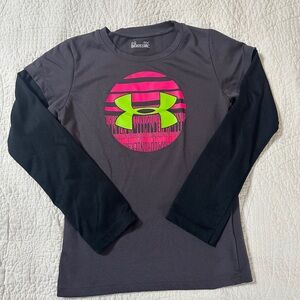 Under Armour Girls Long Sleeve Tee - Gray and Black with Pink and Green Logo